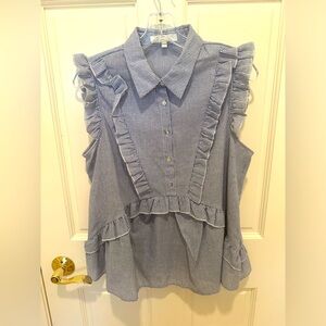 EUC Anthropologie eri + ali striped ruffle blouse. Navy blue and White.